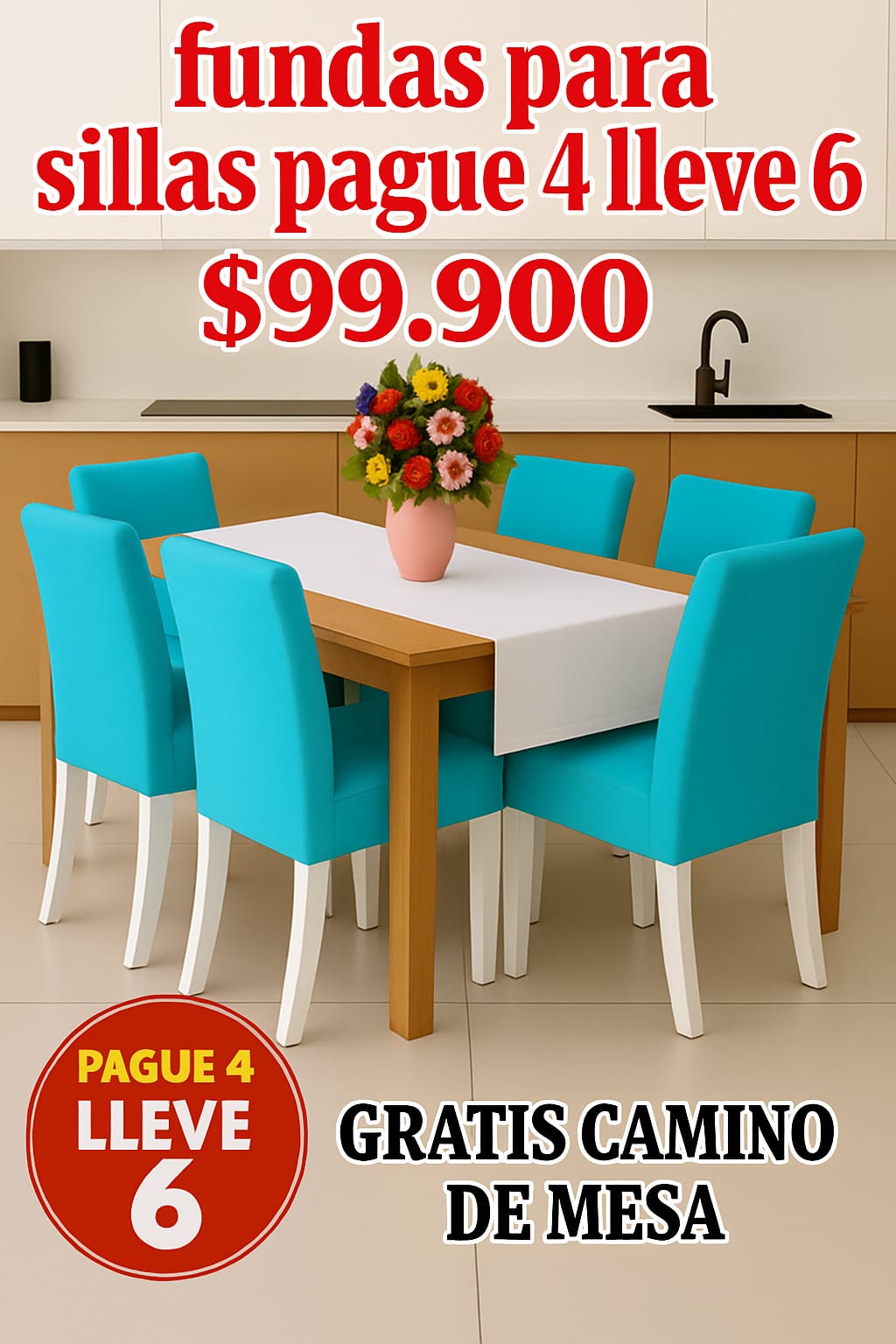 FUNDAS PARA SILLAS DE COMEDOR PAGUE 4 LLEVE 6 +GRATIS CAMINO DE MESA X $99.900 ⭐⭐⭐⭐⭐5/5