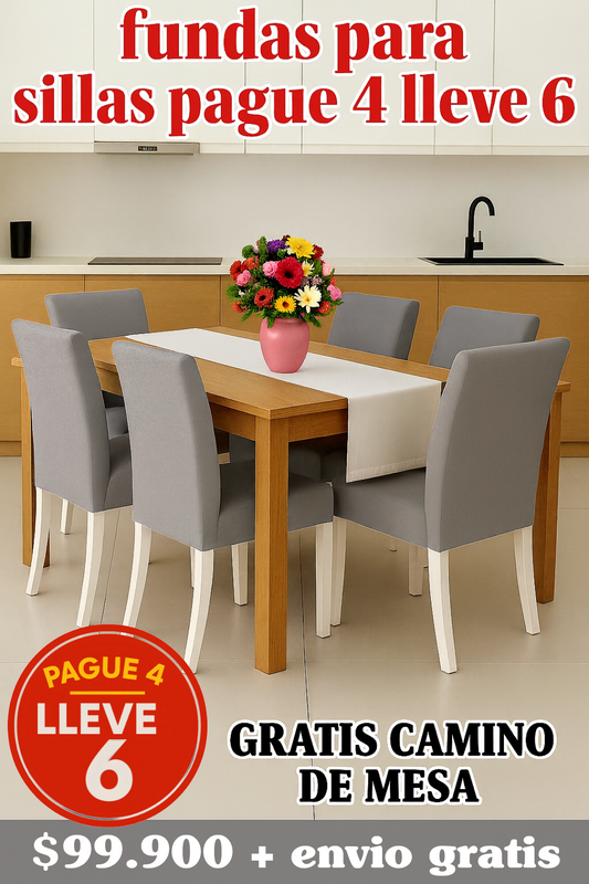 FUNDAS PARA SILLAS DE COMEDOR PAGUE 4 LLEVE 6 +GRATIS CAMINO DE MESA X $99.900 ⭐⭐⭐⭐⭐5/5